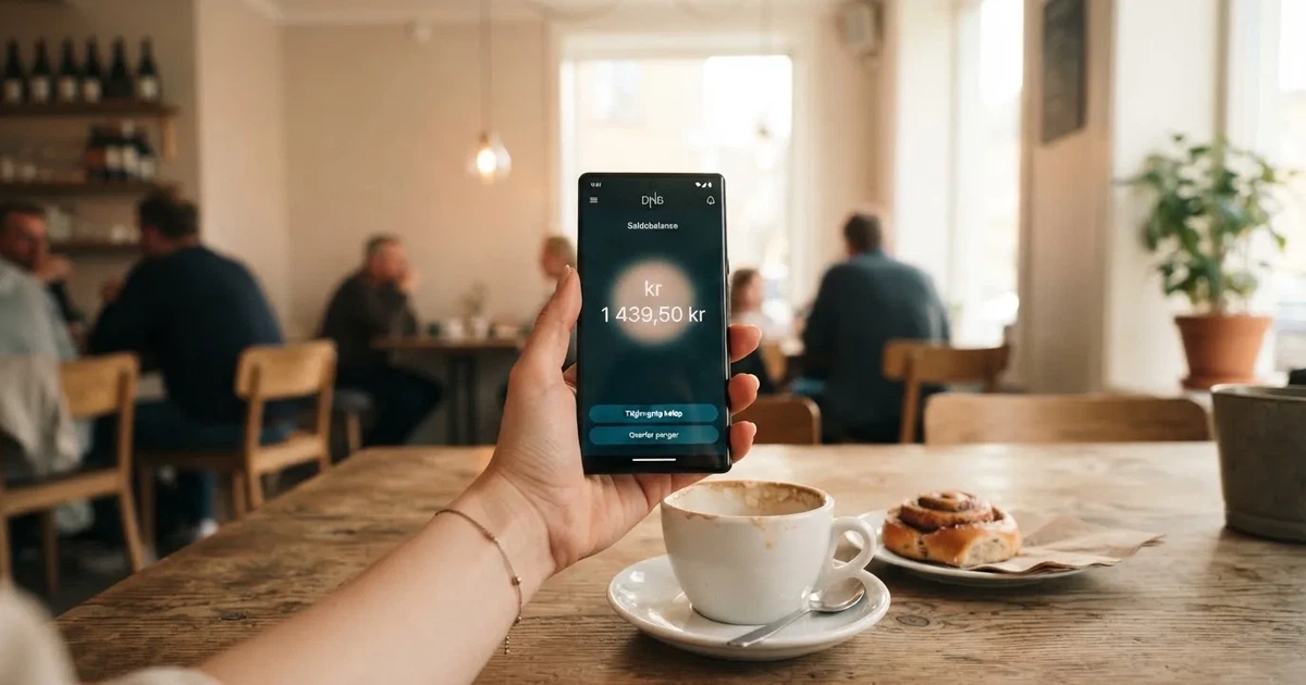 Hånd som holder en smarttelefon med mørk skjerm over et kafébord, kaffekopp ved siden av og dagslys fra et stort vindu
