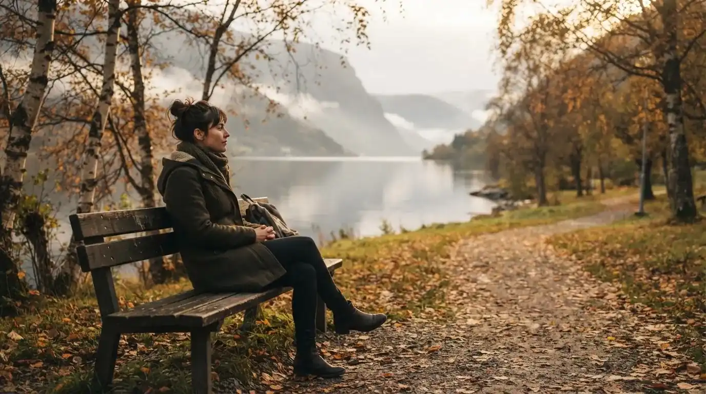 Kvinne som tar en pause på en benk i en park ved fjorden og ser utover vannet en stille ettermiddag
